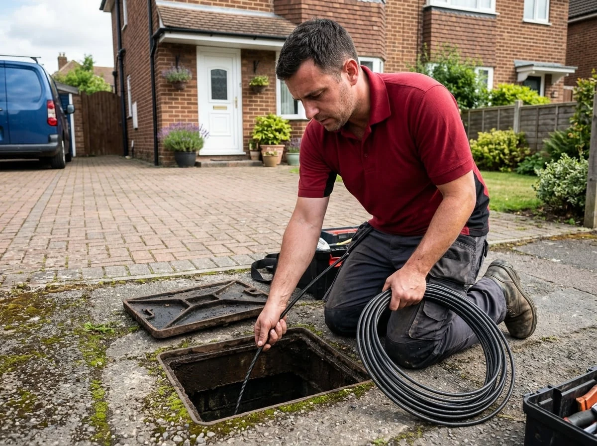 Weybridge Plumbers 247 drainage engineer clearing a blocked drain in Weybridge