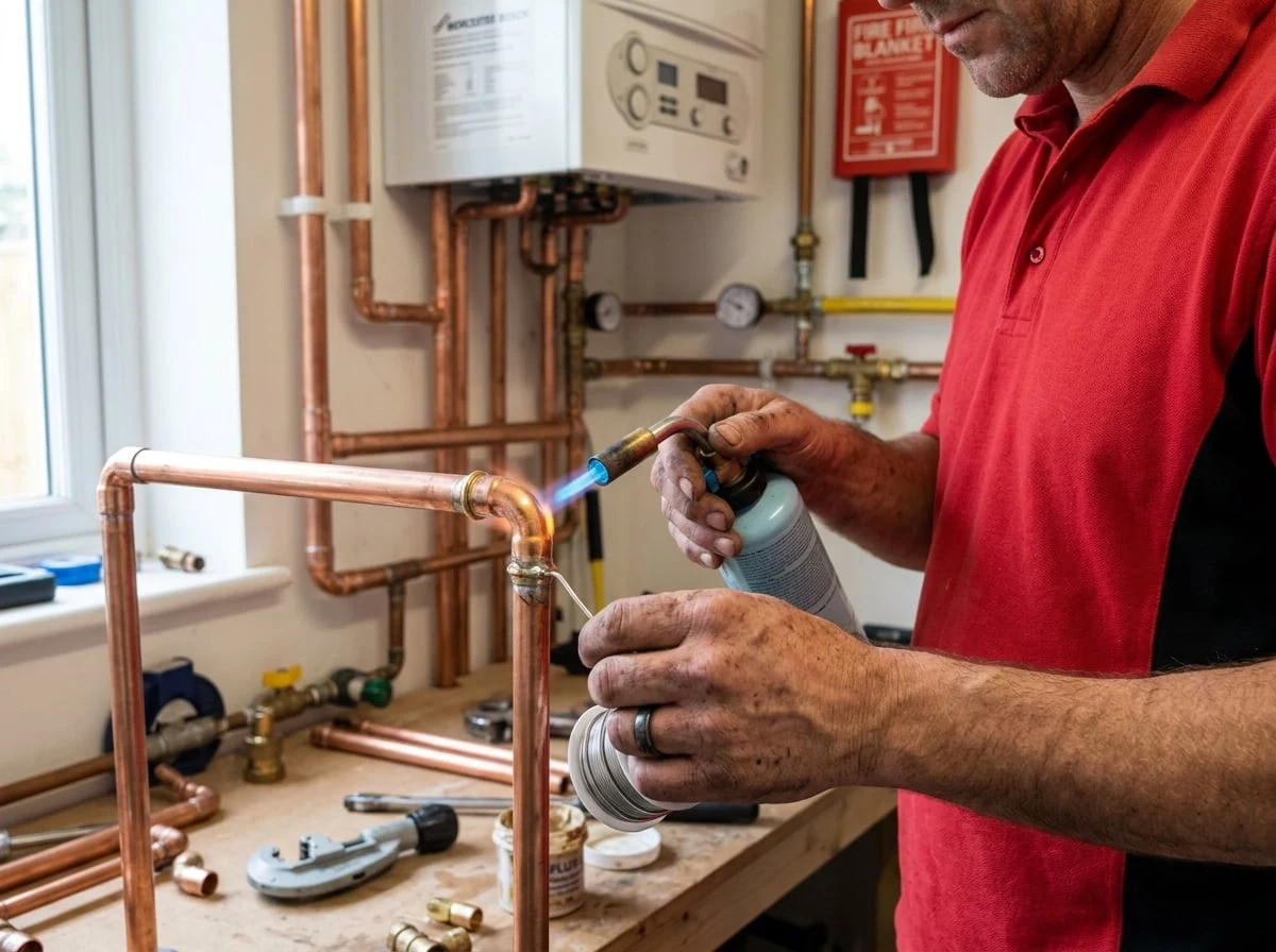 Weybridge Plumbers 247 engineer soldering copper pipe fittings for a new boiler installation in Weybridge
