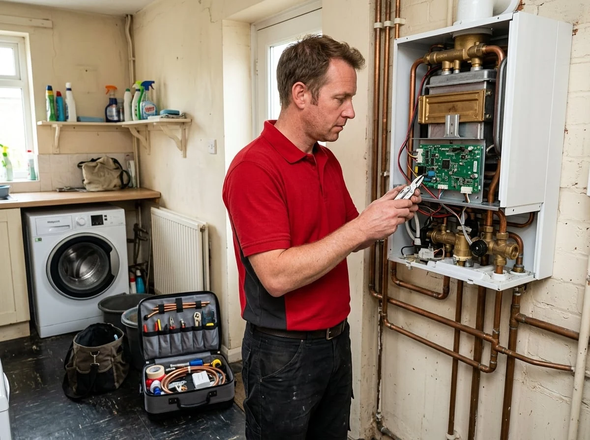 Weybridge Plumbers 247 heating engineer diagnosing a combi boiler fault in Weybridge