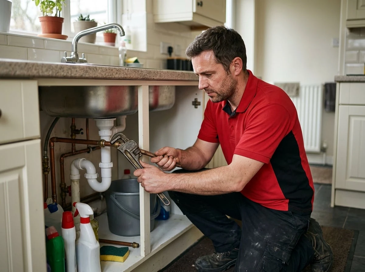 Weybridge Plumbers 247 engineer carrying out emergency plumbing on a burst pipe in Weybridge