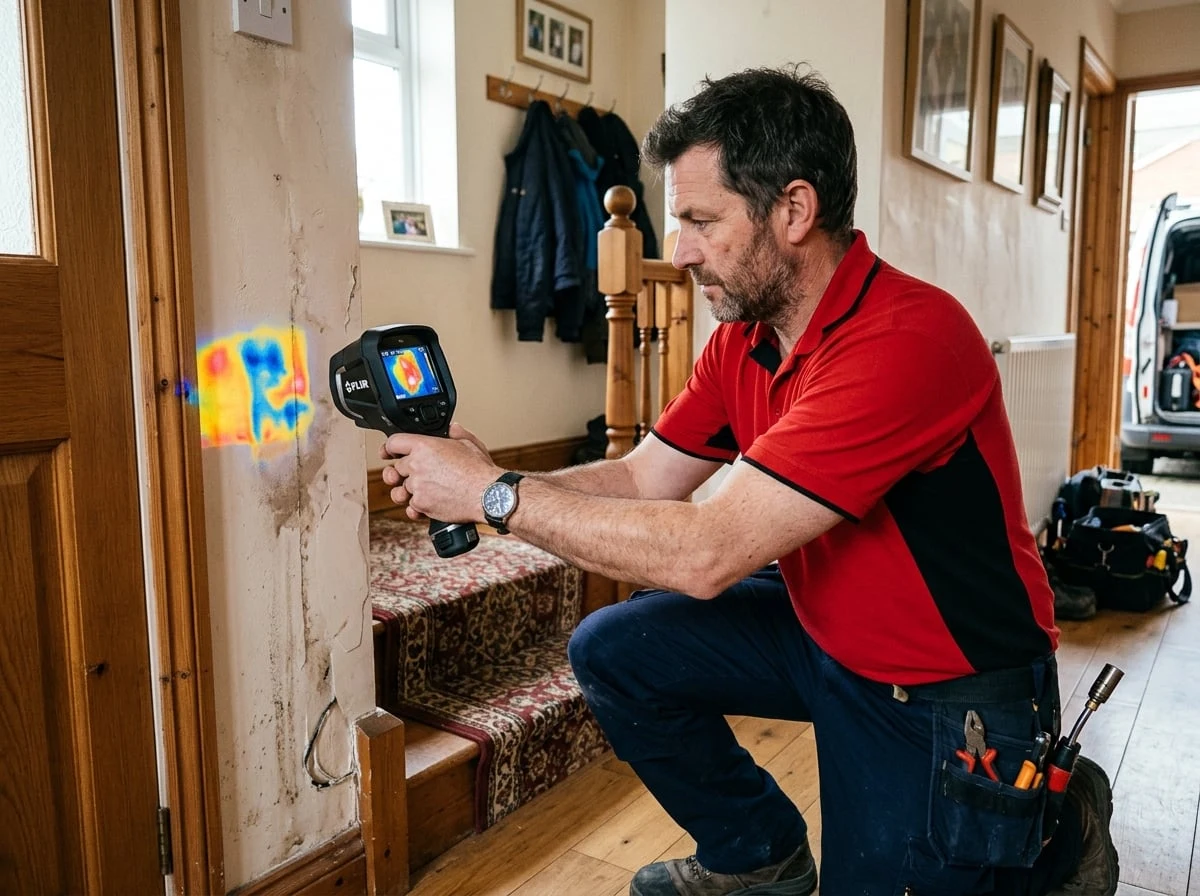 Weybridge Plumbers 247 engineer using a thermal imaging camera for leak detection in Weybridge